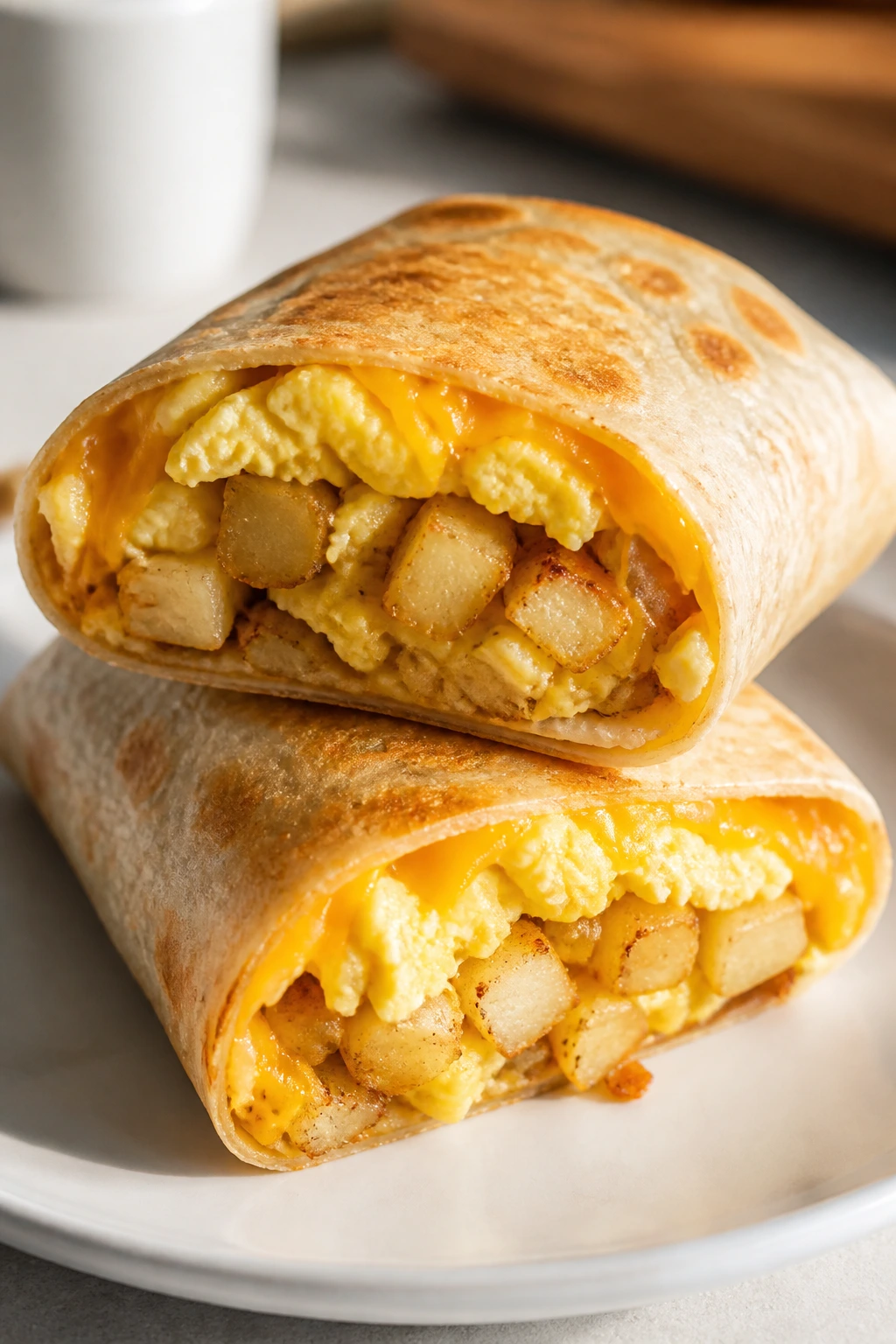 Half-cut breakfast burrito showing potato and egg filling