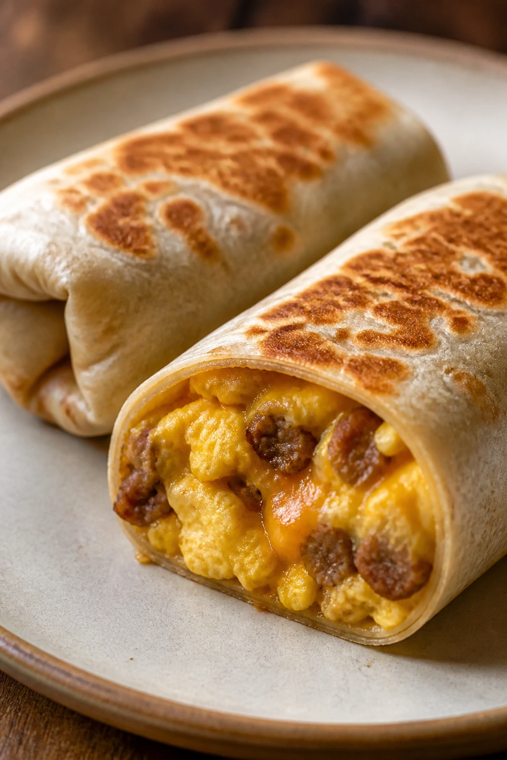 Breakfast burritos with sausage and eggs on a plate for lunch.