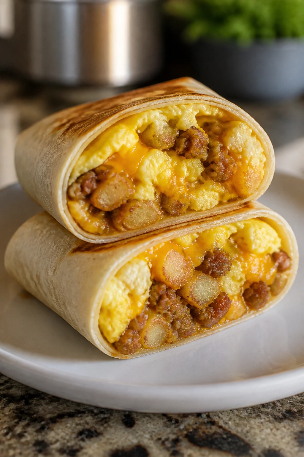 Close-up of breakfast burritos cut in half showing egg and potato filling