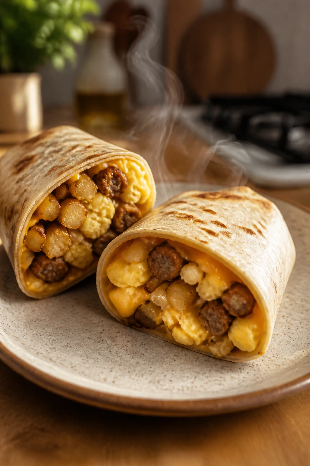 Two breakfast sausage burritos on a plate, cut-open view of filling