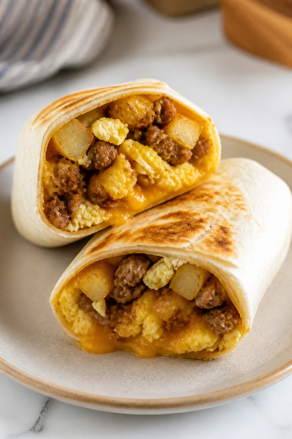 Cross-section of a sausage breakfast burrito with eggs and potatoes