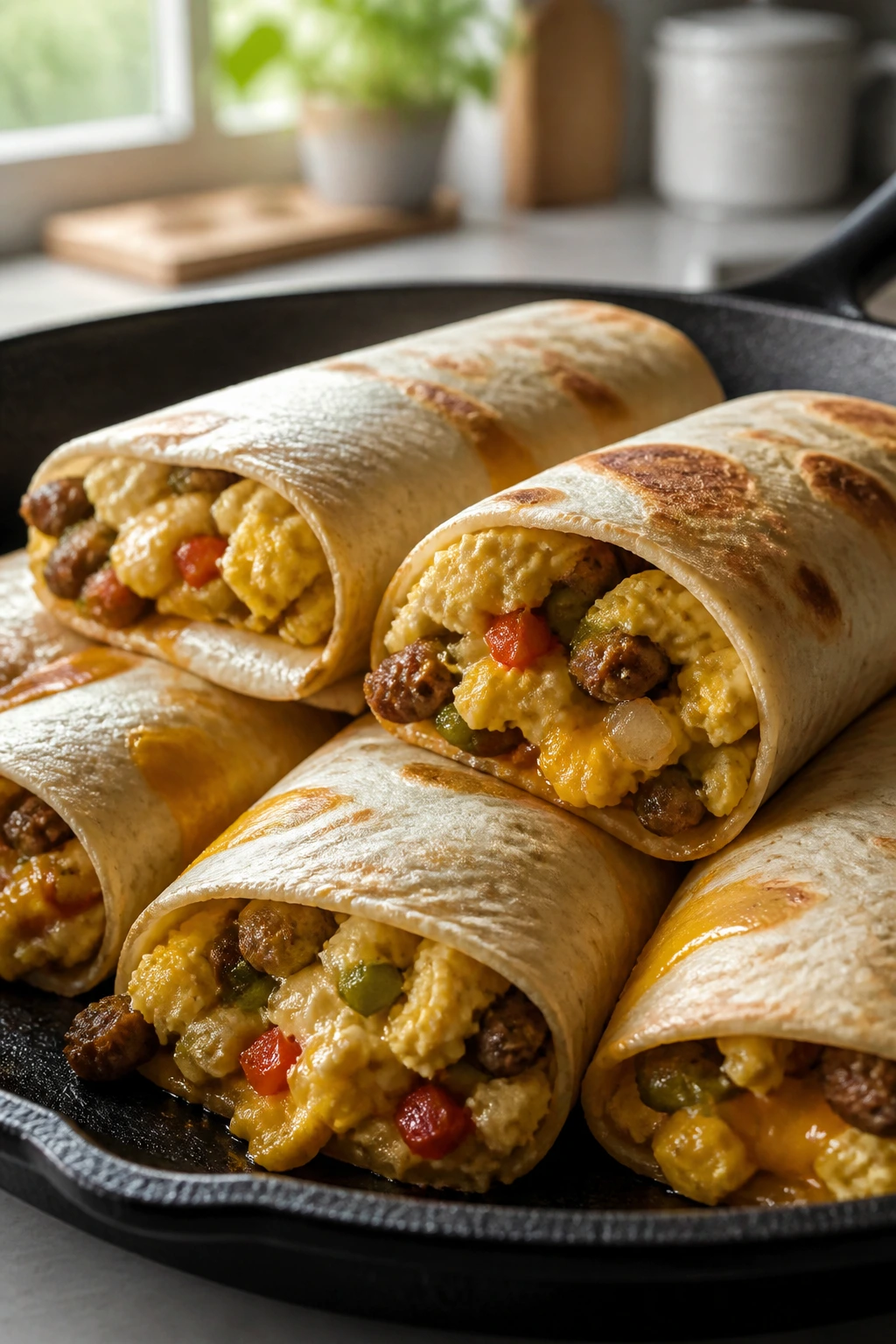 Close-up of breakfast burritos in a cast-iron skillet with melted cheese