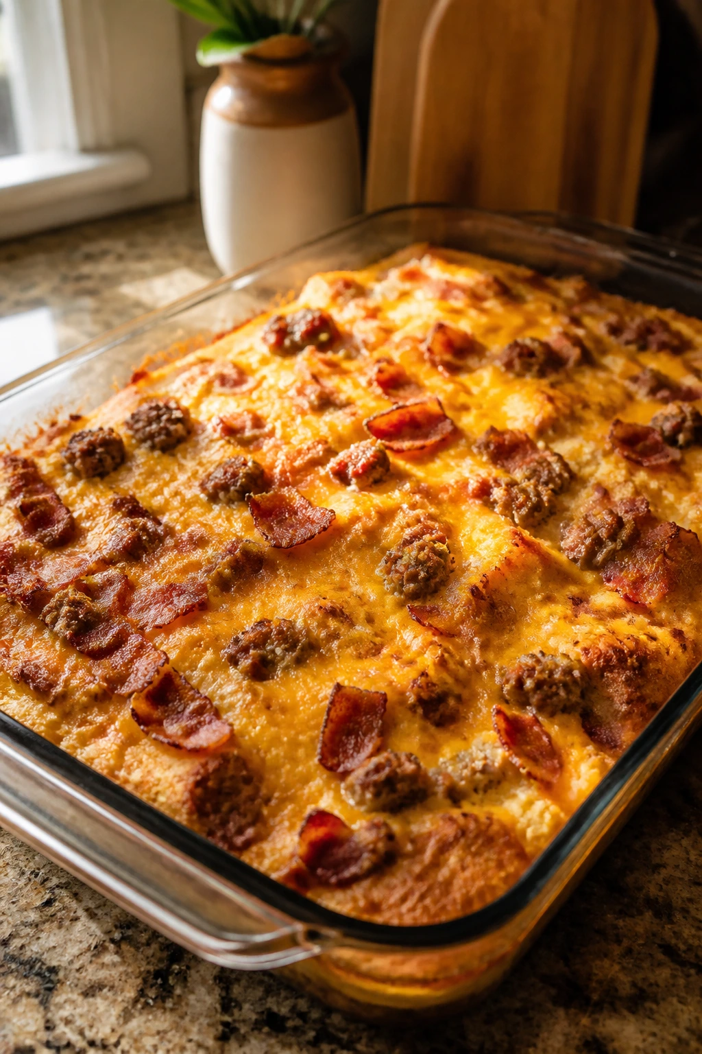 Golden breakfast casserole with bacon and cheddar in a baking dish