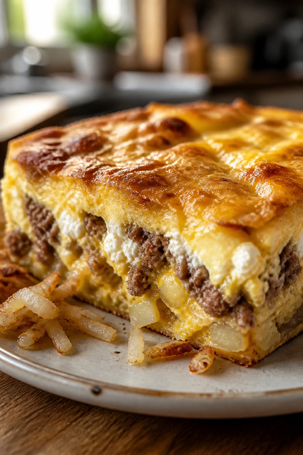 Close-up of ground beef breakfast casserole slice with cottage cheese