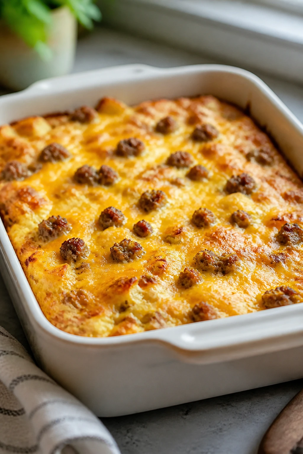 Close-up of a sausage and egg breakfast casserole with browned top and cheddar