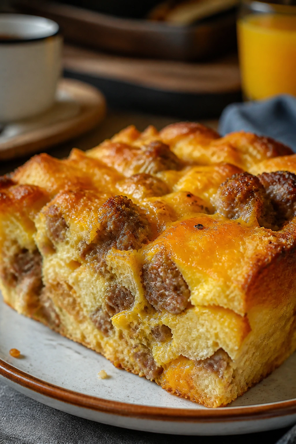 Breakfast casserole with eggs and sausage on a plate