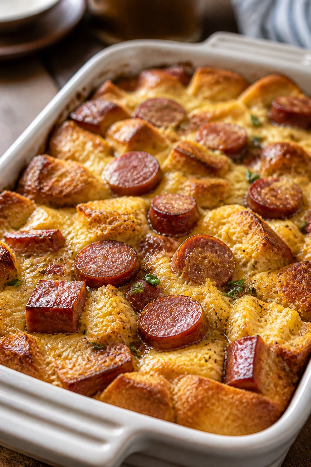 Golden breakfast casserole with sausage and cheese.