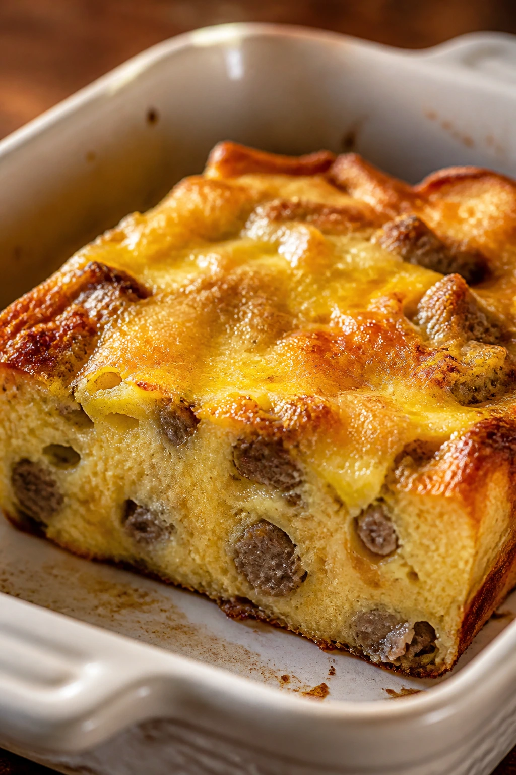 Close-up of a golden-brown breakfast casserole slice with sausage and cheese