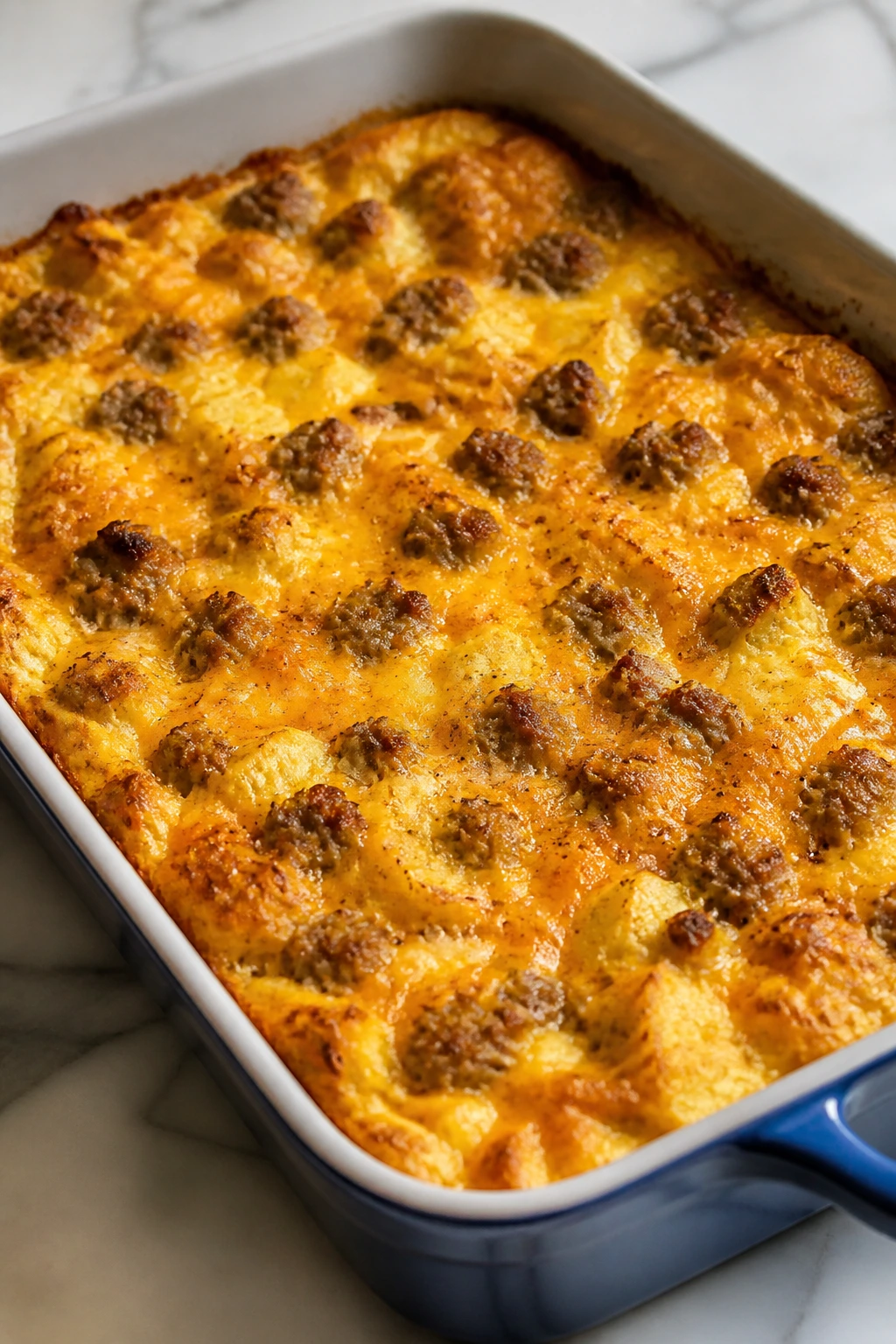 Warm sausage and cheddar breakfast casserole fresh from the oven in a baking dish