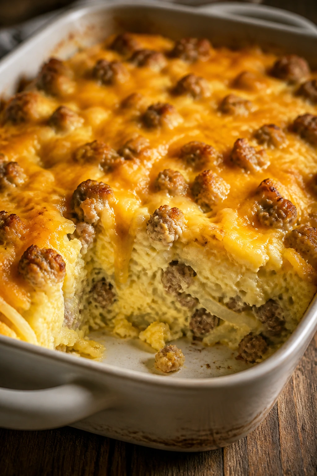 Casserole slice with sausage, eggs, hash browns and cheddar