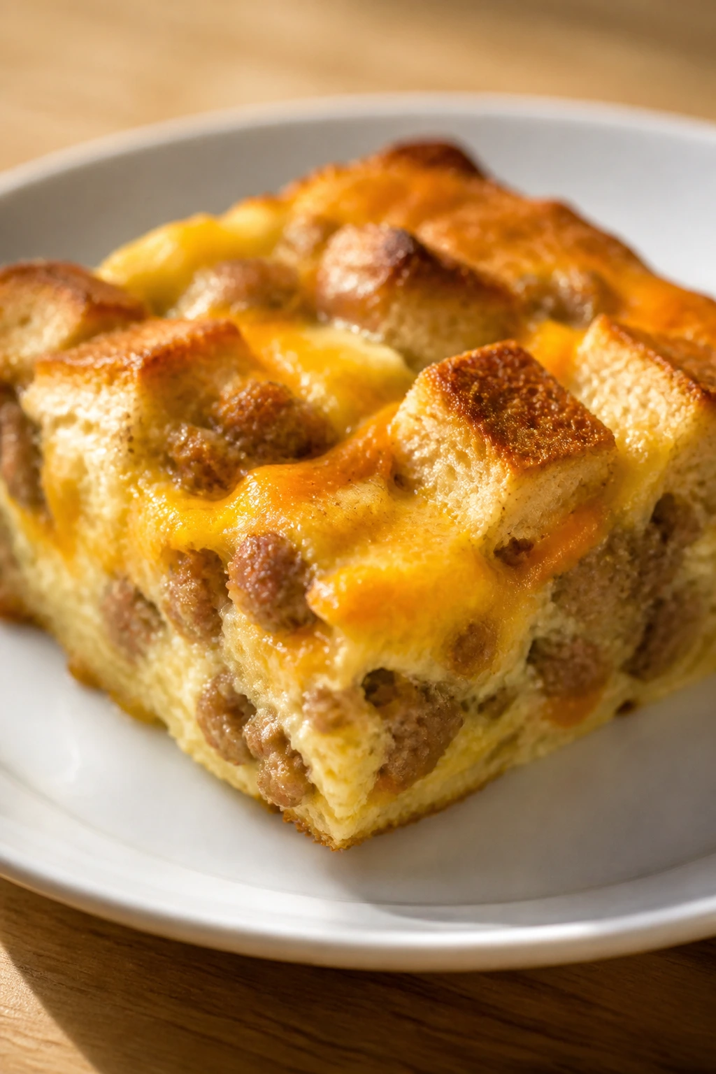 Square of breakfast sausage casserole on plate