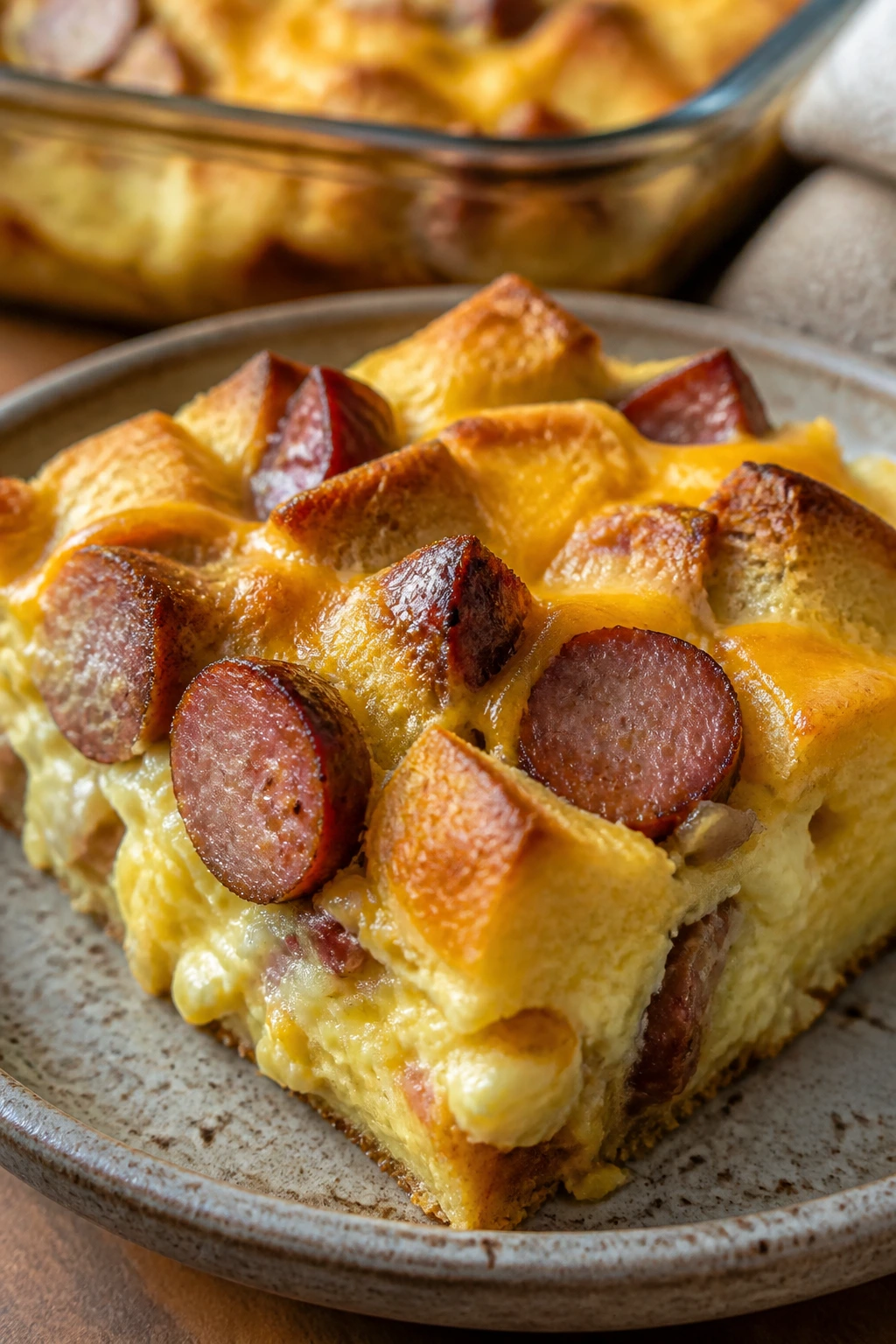 Plated square slice of smoked sausage breakfast casserole with eggs and cheese