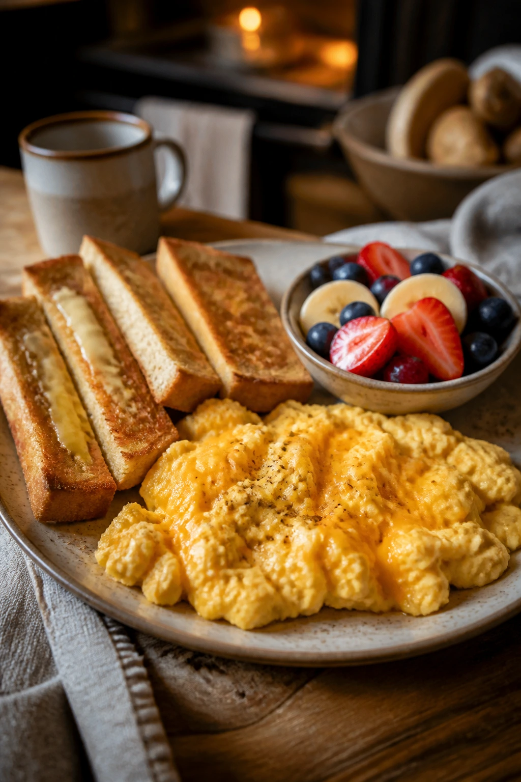 Close-up plate of breakfast-for-dinner with eggs, toast, and fruit in a cozy kitchen