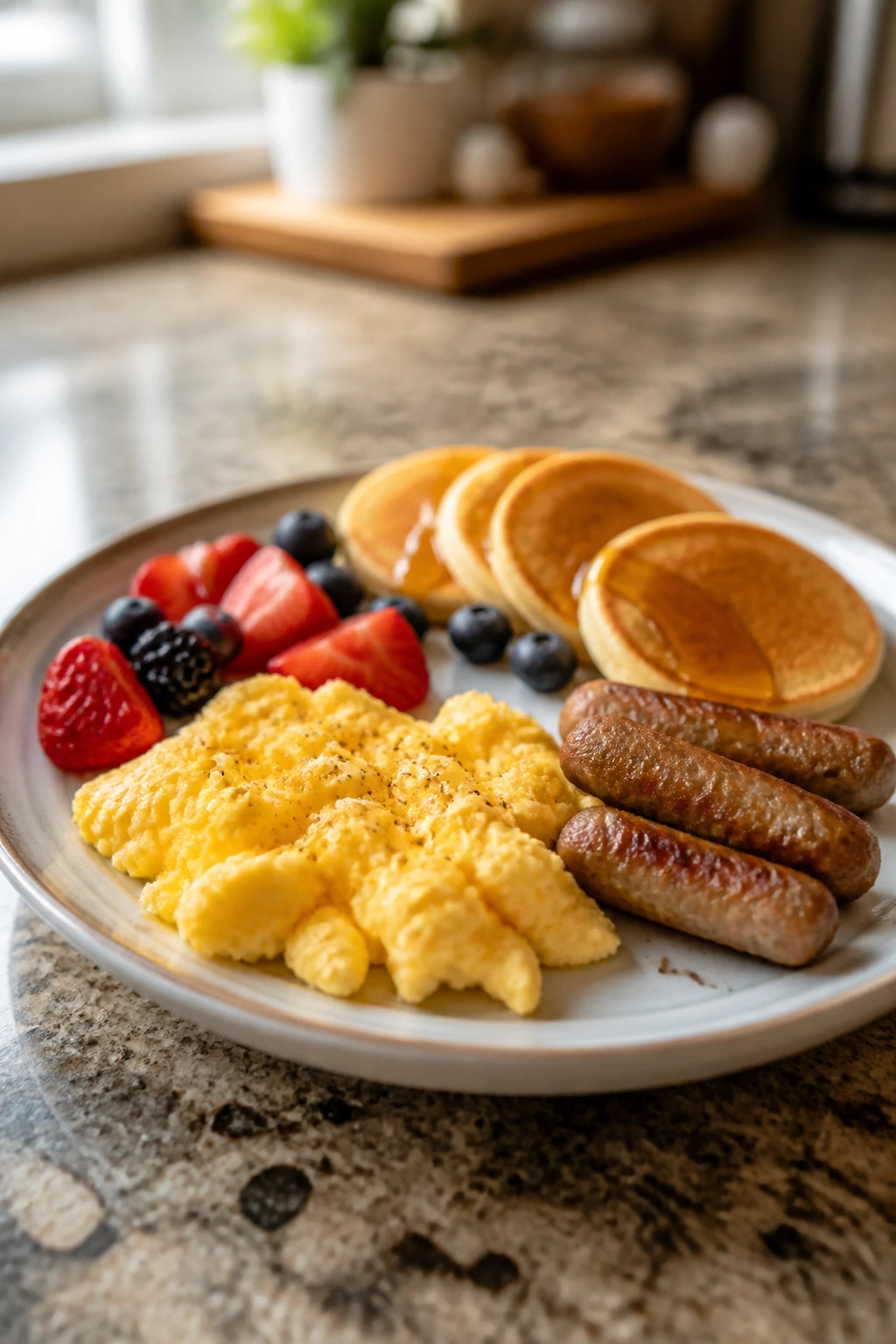 Plate with scrambled eggs, mini pancakes, sausage, and berries for dinner