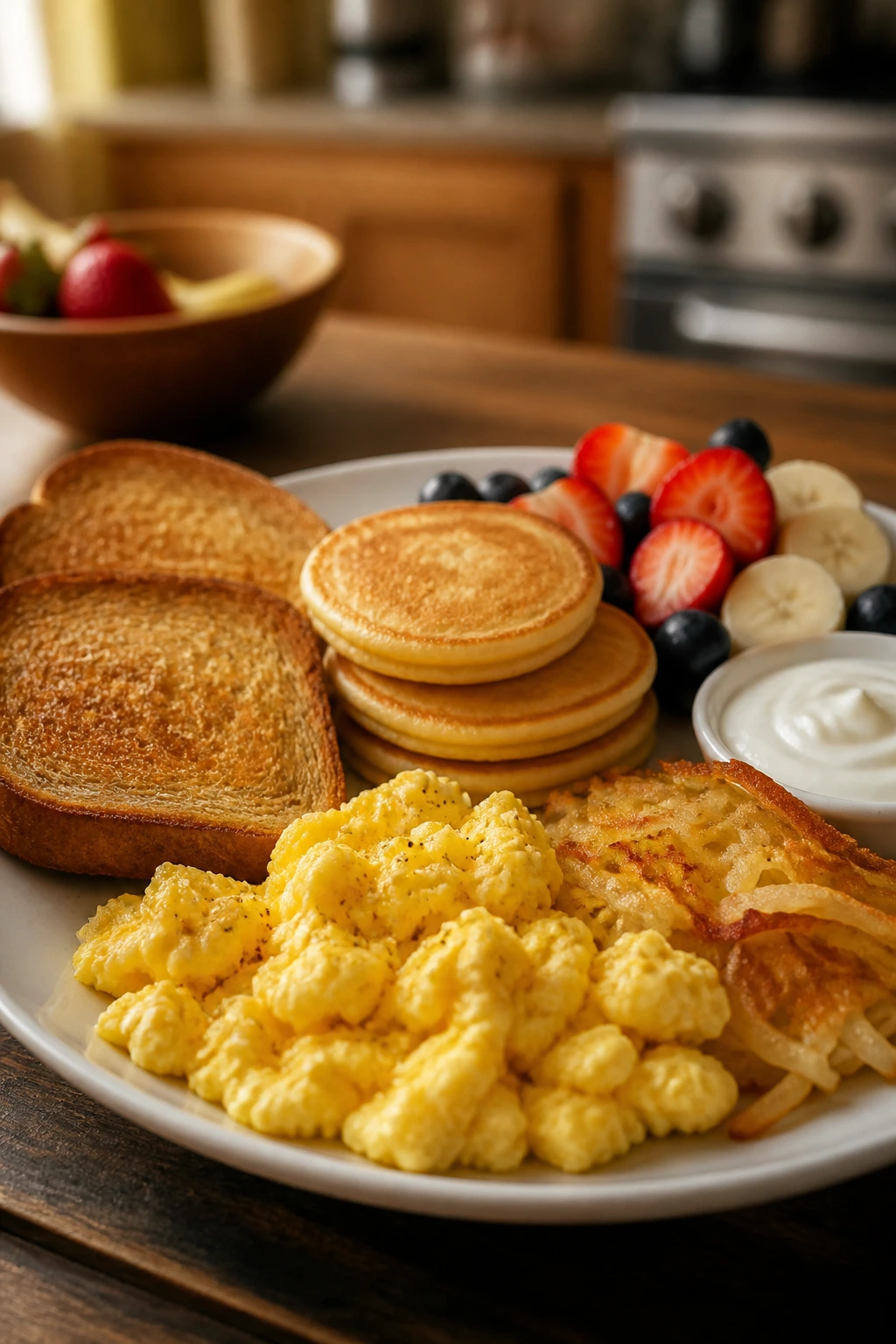Close-up of a plate with scrambled eggs, toast, pancakes, hash browns, fruit and yogurt