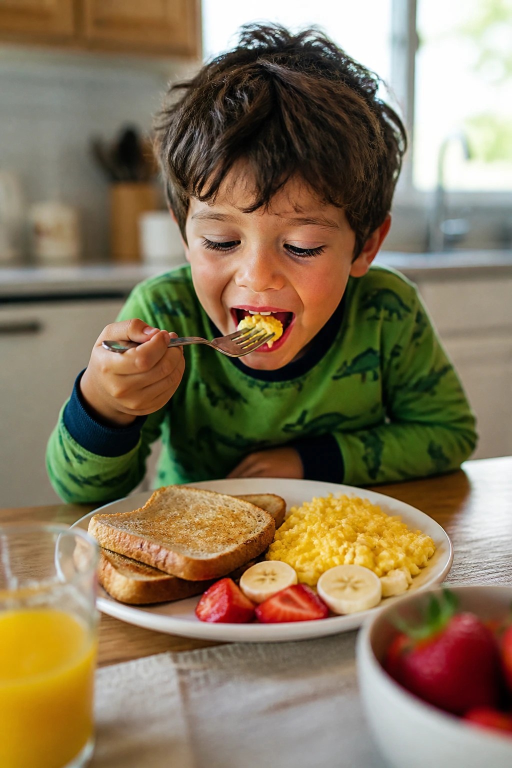 Child enjoying breakfast-for-dinner plate with eggs and toast