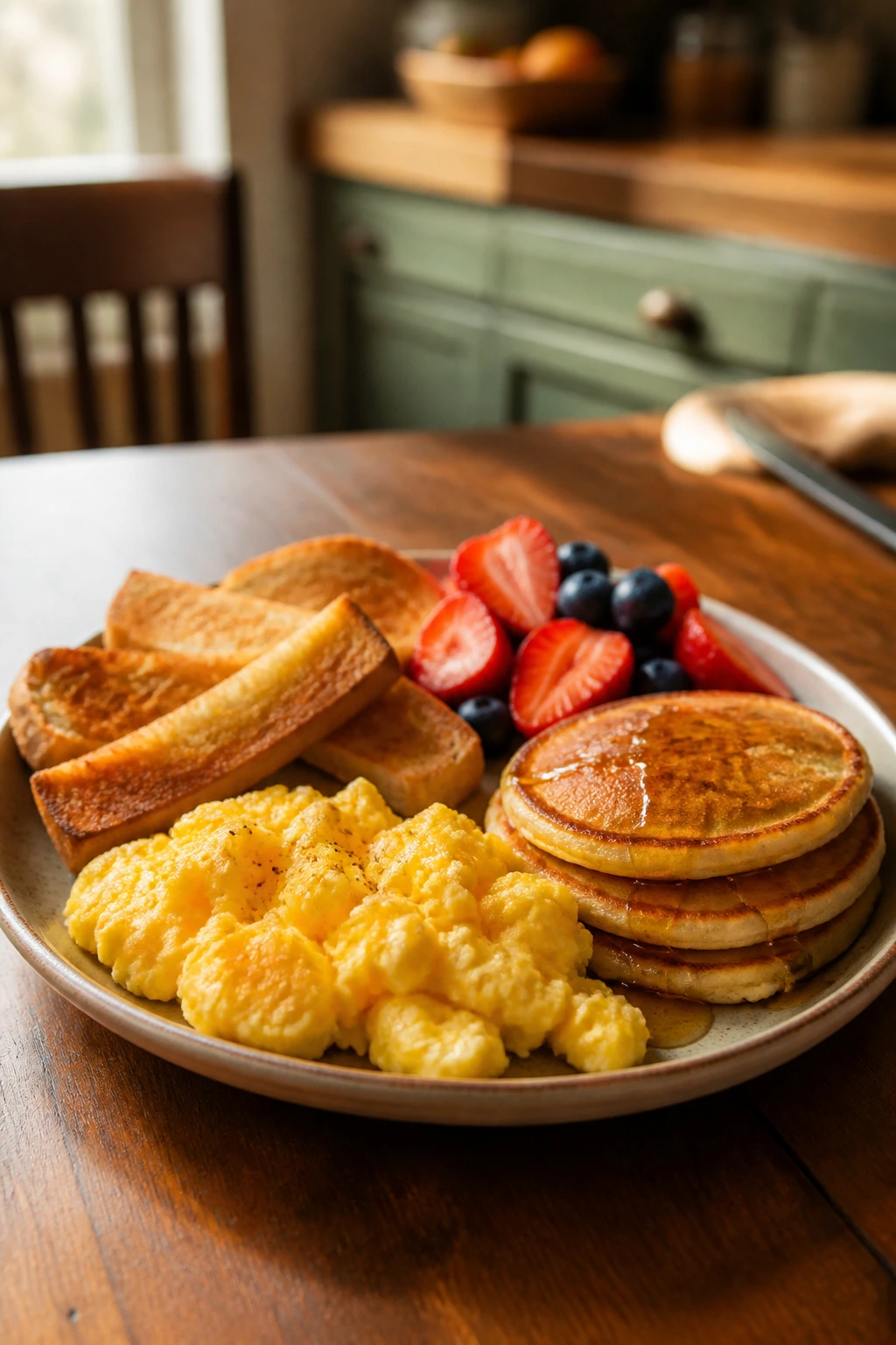 Close-up plate of breakfast-for-dinner items with eggs, toast, pancakes and fruit in a cozy kitchen.