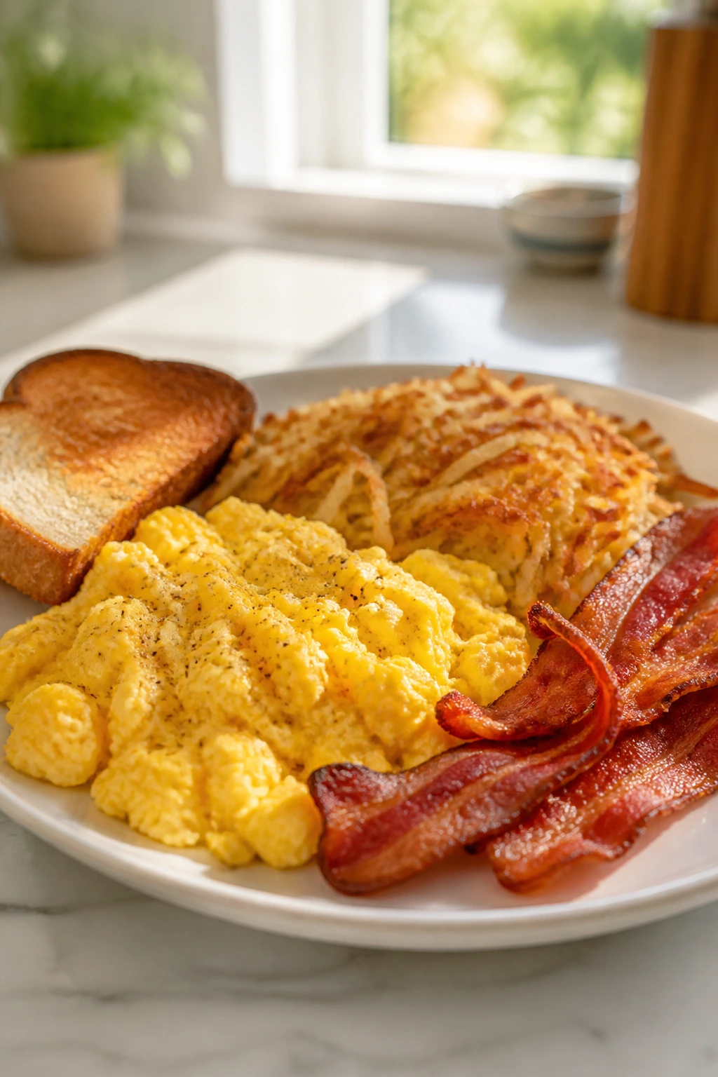 Close-up of a breakfast scramble plate with eggs, hash browns, bacon, and toast