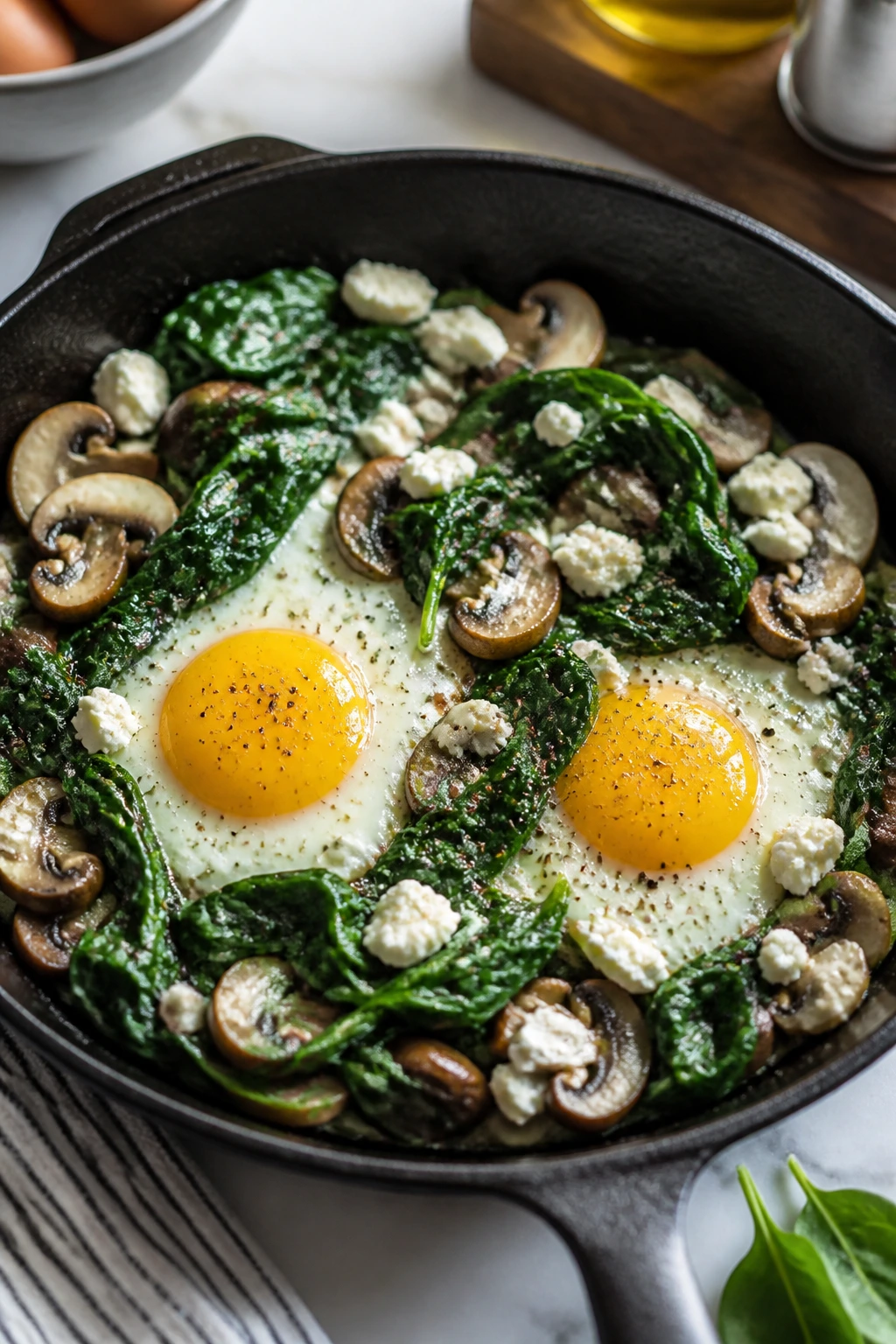 Close-up of a light, satisfying breakfast plate with eggs and veggies