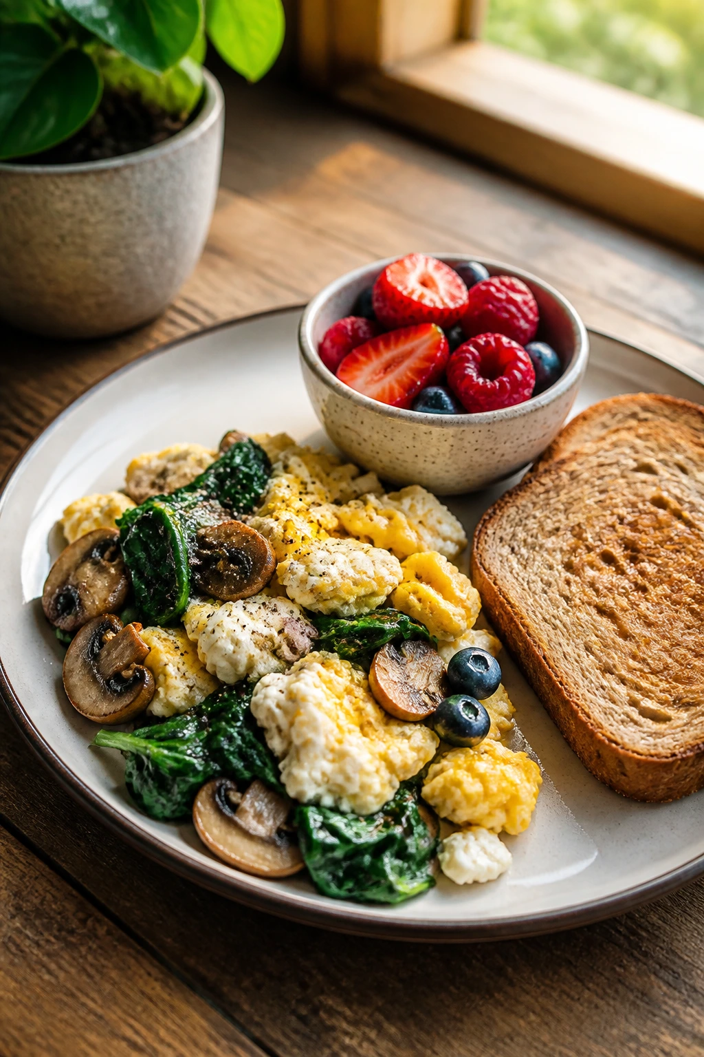 Close-up of savory spinach-mushroom egg plate with toast and berries on a wooden table