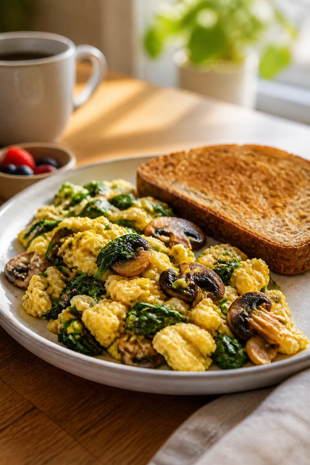 Close-up of egg-based breakfast with greens and toast.