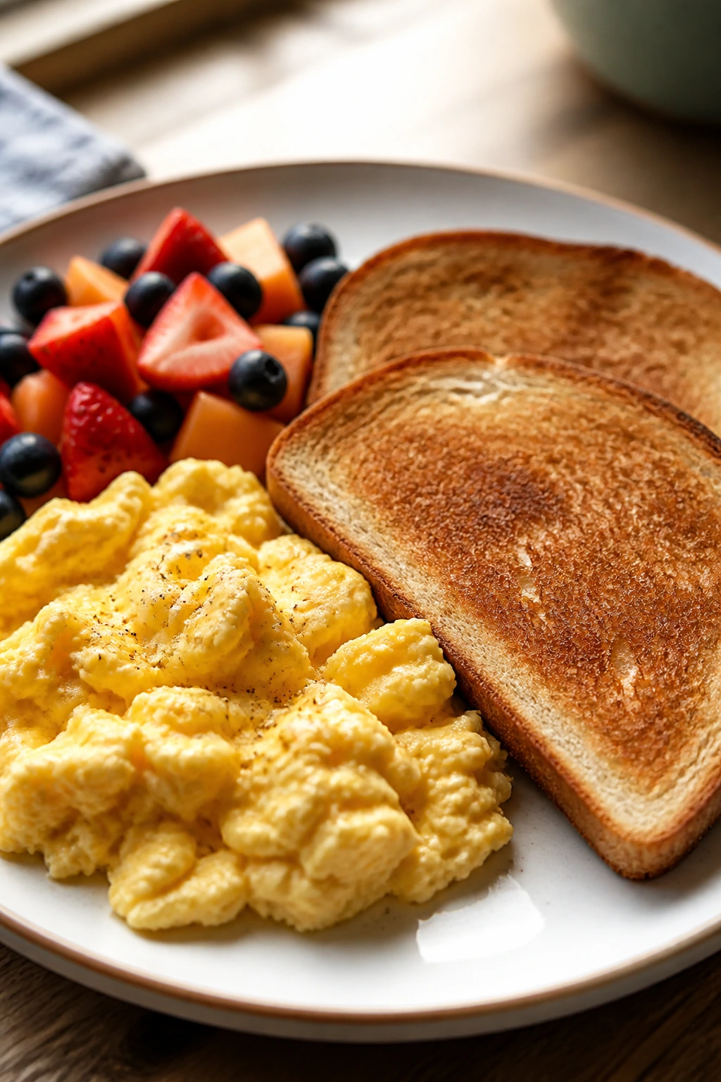 Close-up of eggs, toast, and fruit on a plate