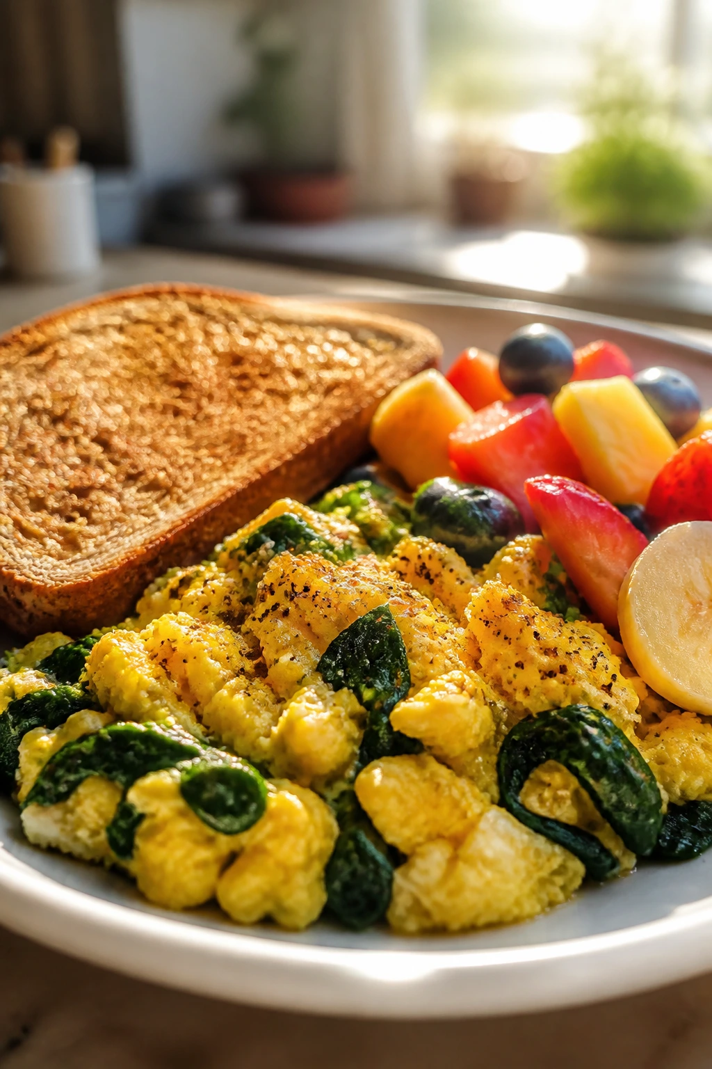 Breakfast plate with eggs, toast, and fruit