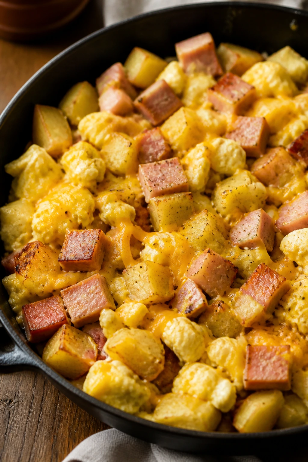 Skillet scramble with eggs, ham, potatoes and cheddar filling the frame