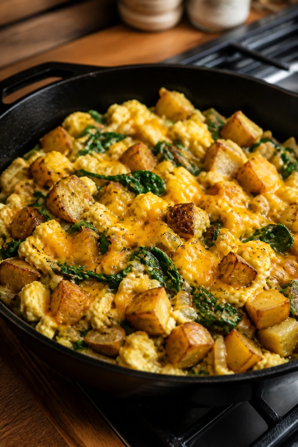Close-up of breakfast-for-dinner scramble in a skillet on a kitchen counter