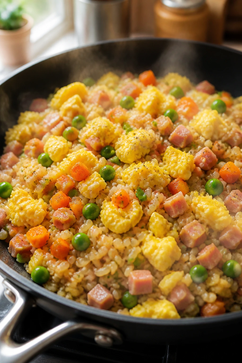 Skillet of breakfast fried rice with eggs and vegetables