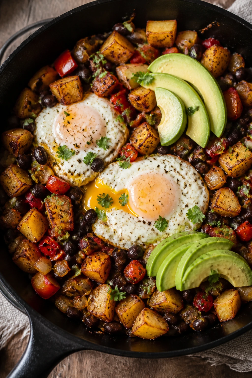 Close-up of breakfast hash with potatoes, eggs, beans, and avocado