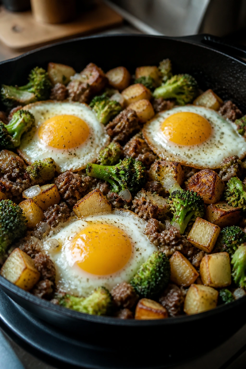 Close-up of hamburger broccoli breakfast hash with eggs on top