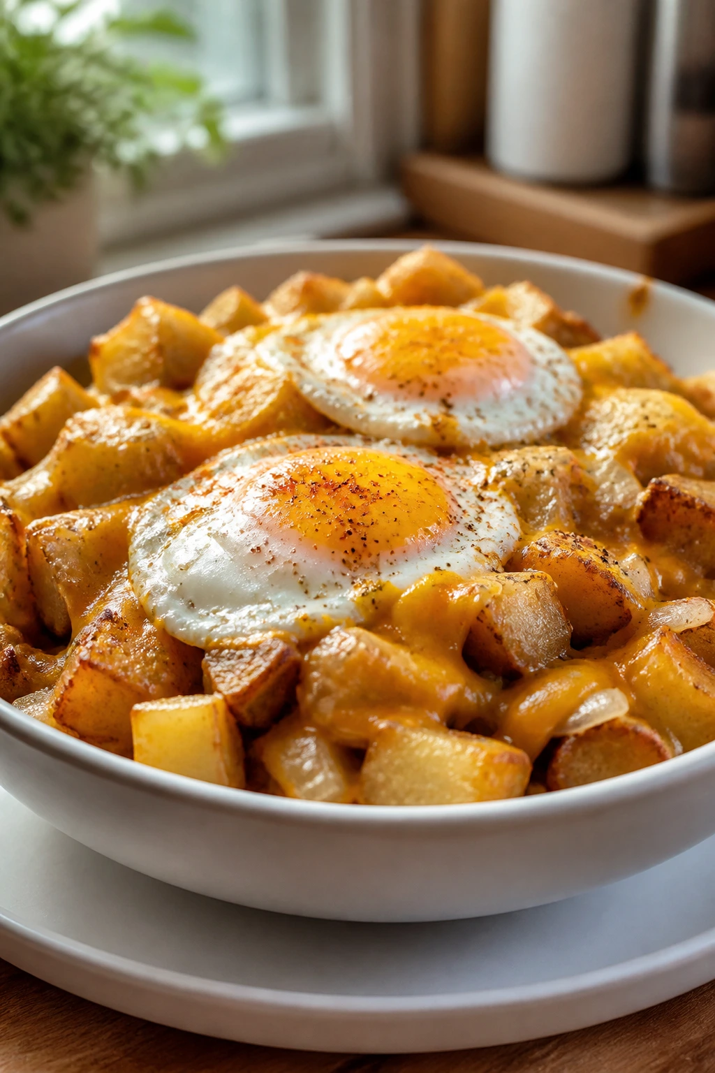 Close-up of cheesy breakfast hash with eggs on top