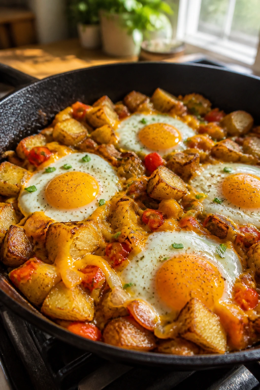 Skillet potato hash with eggs and melted cheese