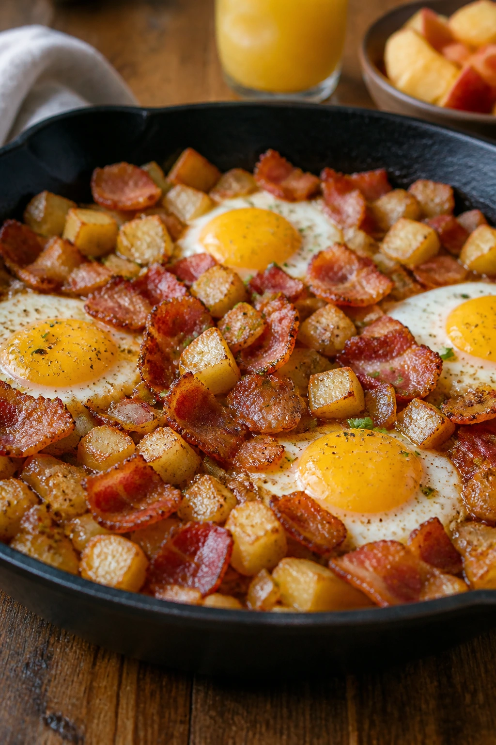 Skillet breakfast hash with bacon, potatoes, onions, and eggs