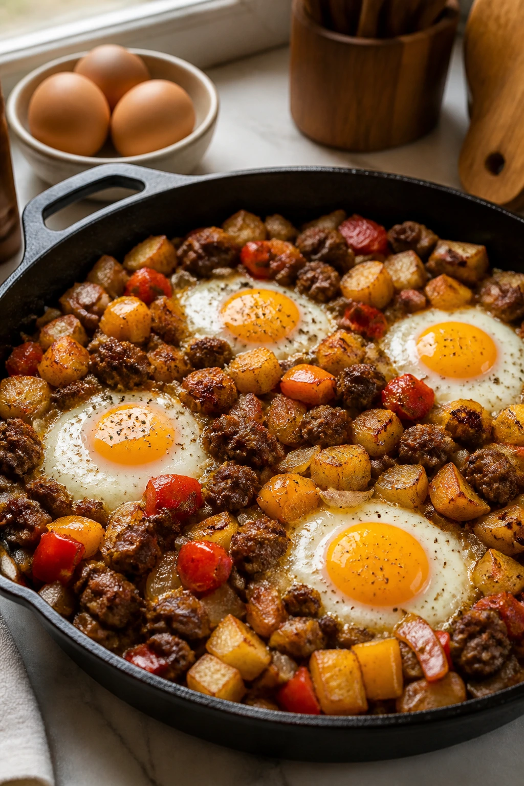 Close-up of breakfast hash with eggs in a skillet