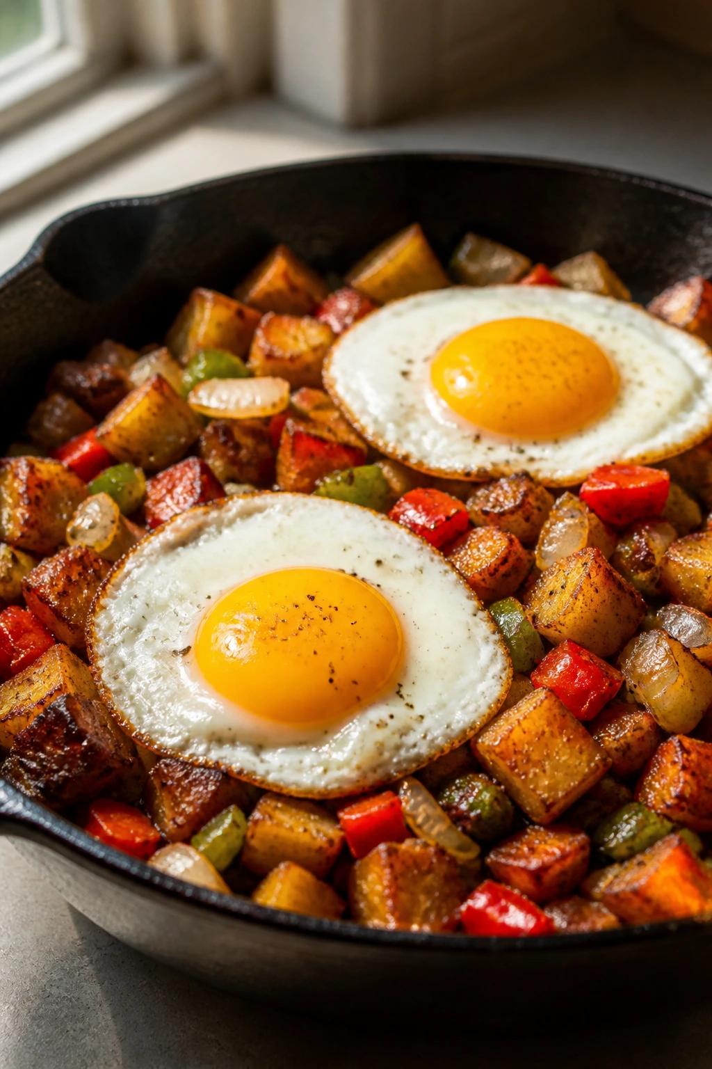 Close-up of veggie breakfast hash with potatoes, peppers, onions, and eggs in a skillet