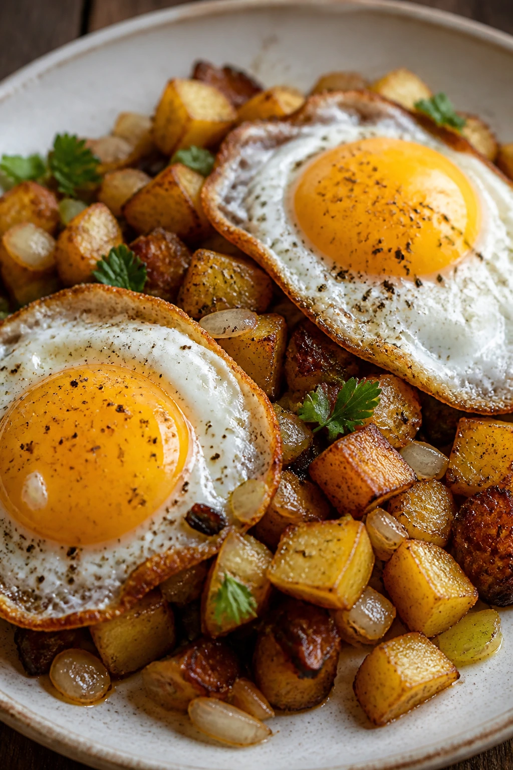 Hash with potatoes, onions, and eggs on a plate