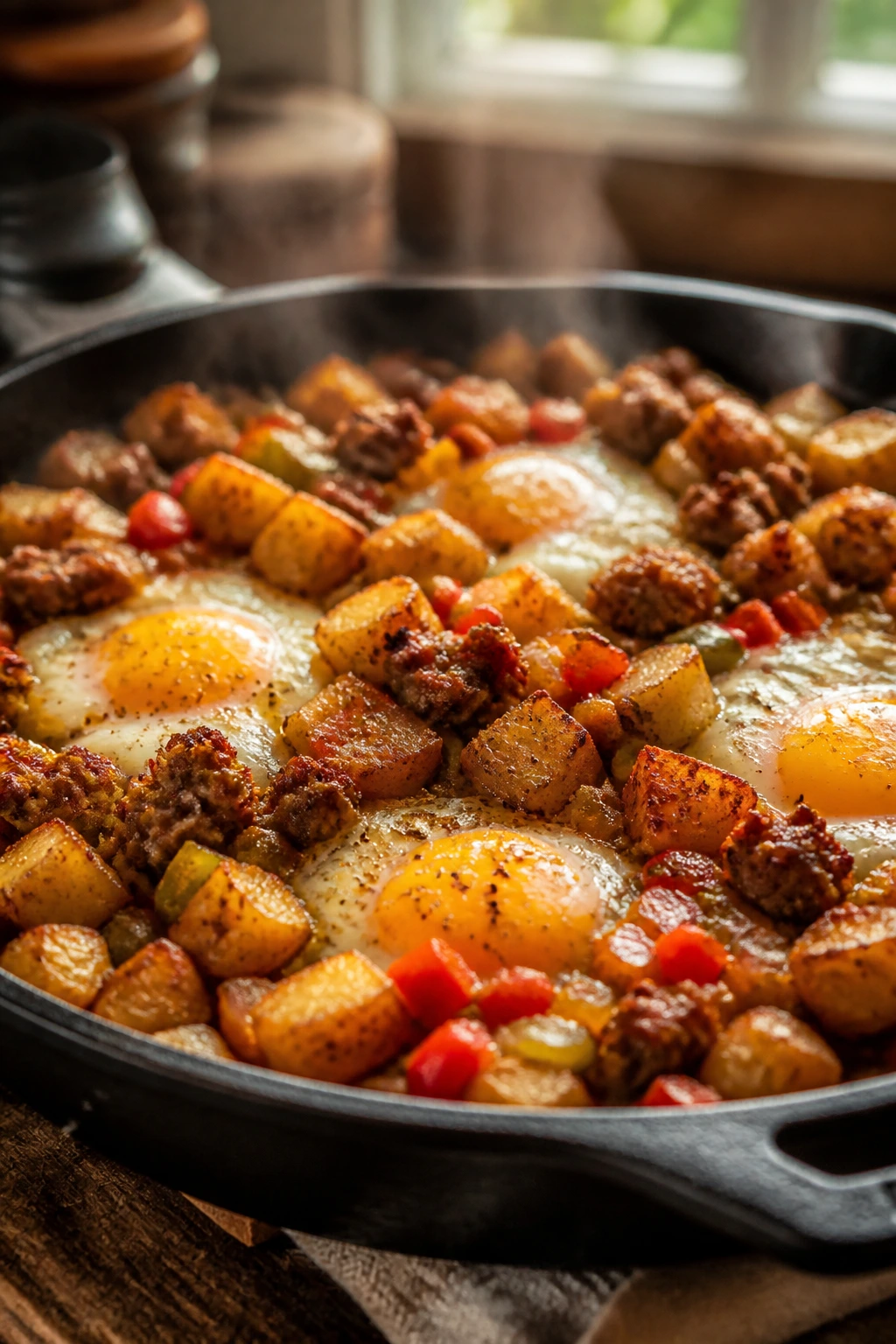 Close-up of breakfast hash with eggs, sausage, and potatoes in a skillet