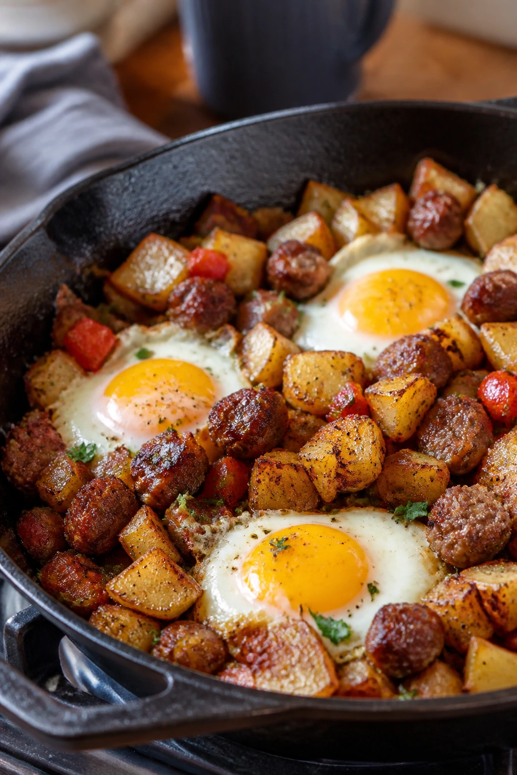 Hash with potatoes, sausage, and eggs in a skillet