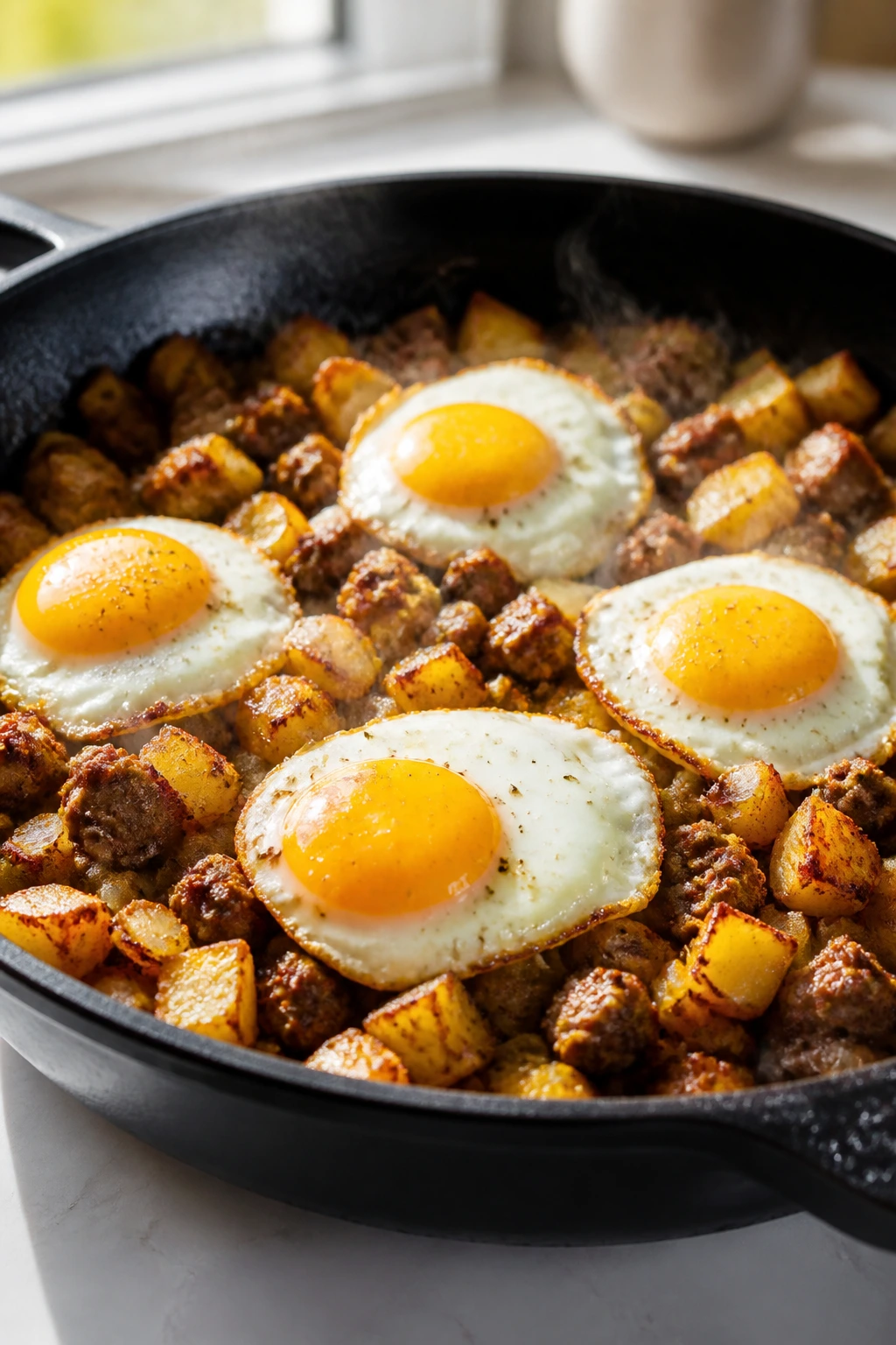 Skillet breakfast hash with eggs and sausage in a bright kitchen