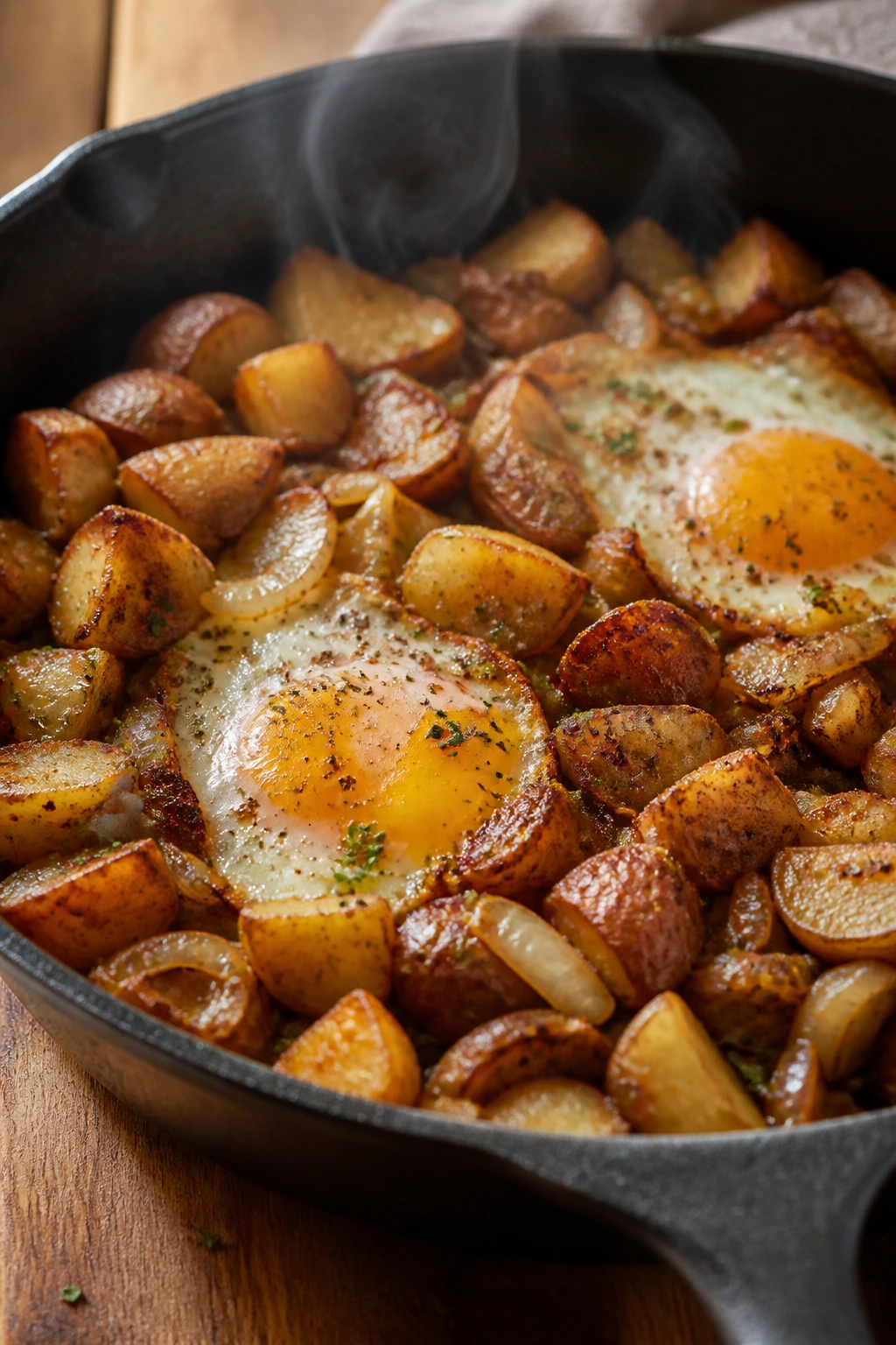 Close-up of breakfast hash with potatoes, onions, and runny eggs in a skillet