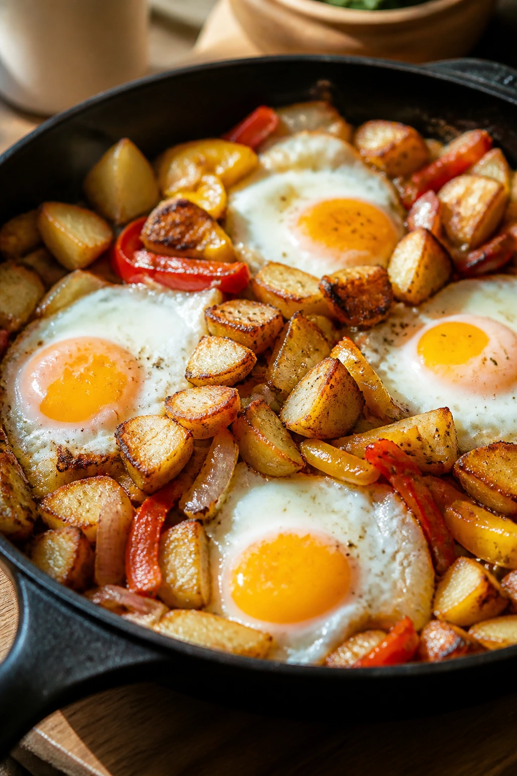 Close-up of breakfast hash with eggs and potatoes in a sunlit kitchen