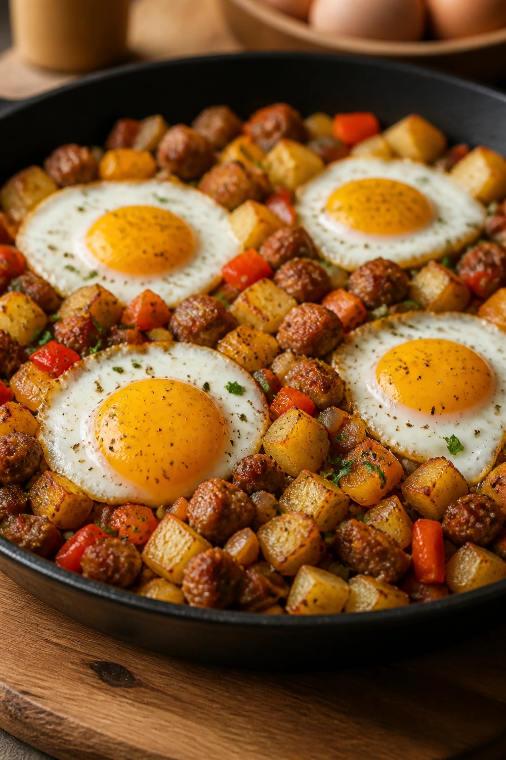 Breakfast hash with potatoes, sausage, peppers, onions and eggs in a skillet