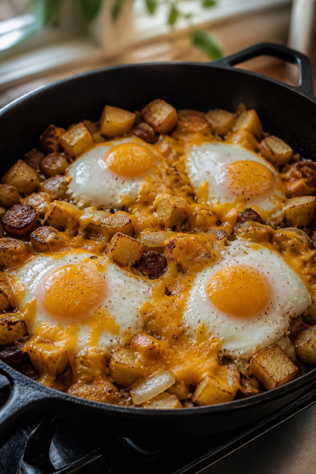 Skillet breakfast hash with eggs and potatoes