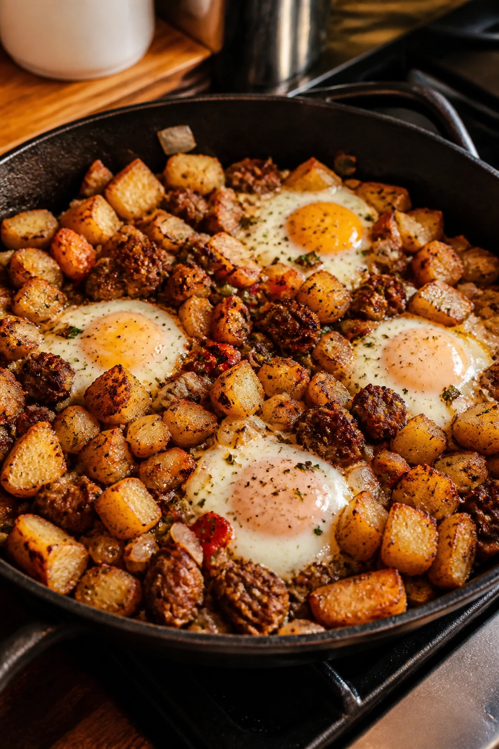 Skillet hash with potatoes, sausage, onions, and eggs on stove