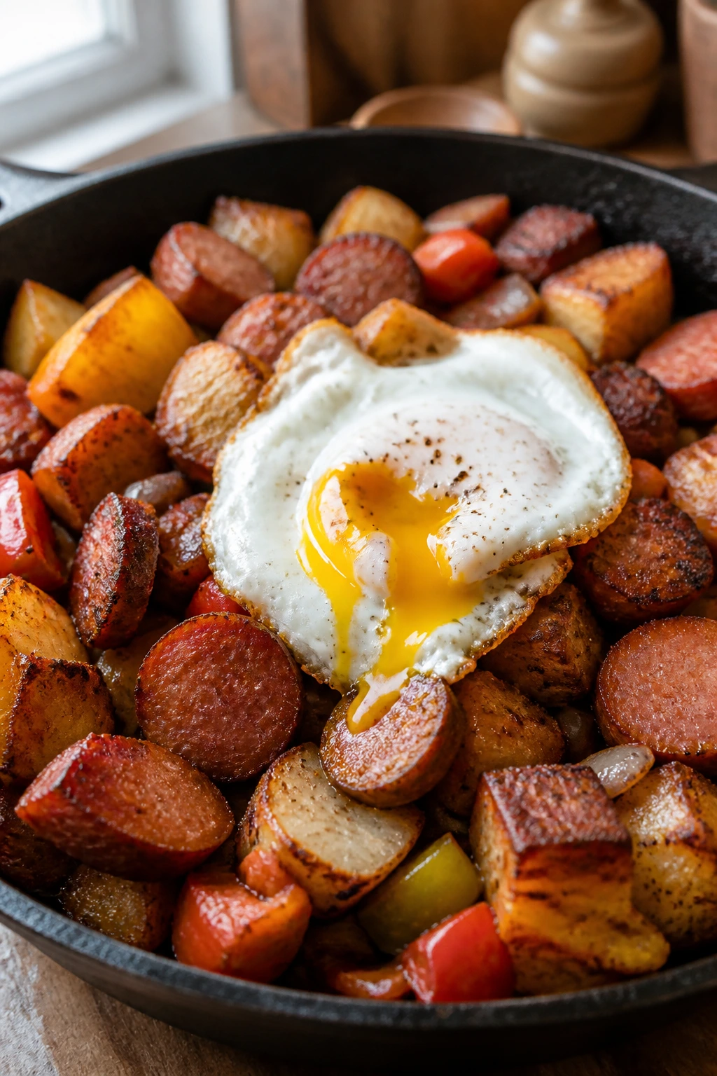 Breakfast hash with sausage and egg in morning light.