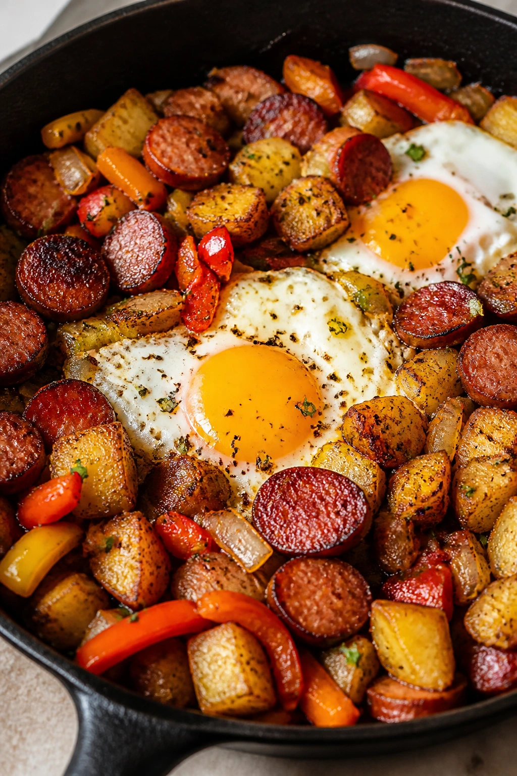 Breakfast hash with sausage, potatoes, and eggs