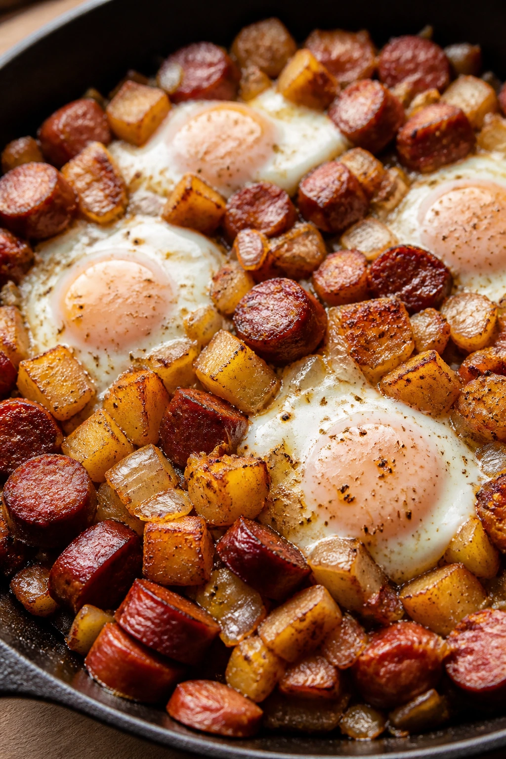 Skillet hash with sausage, potatoes, onions and eggs