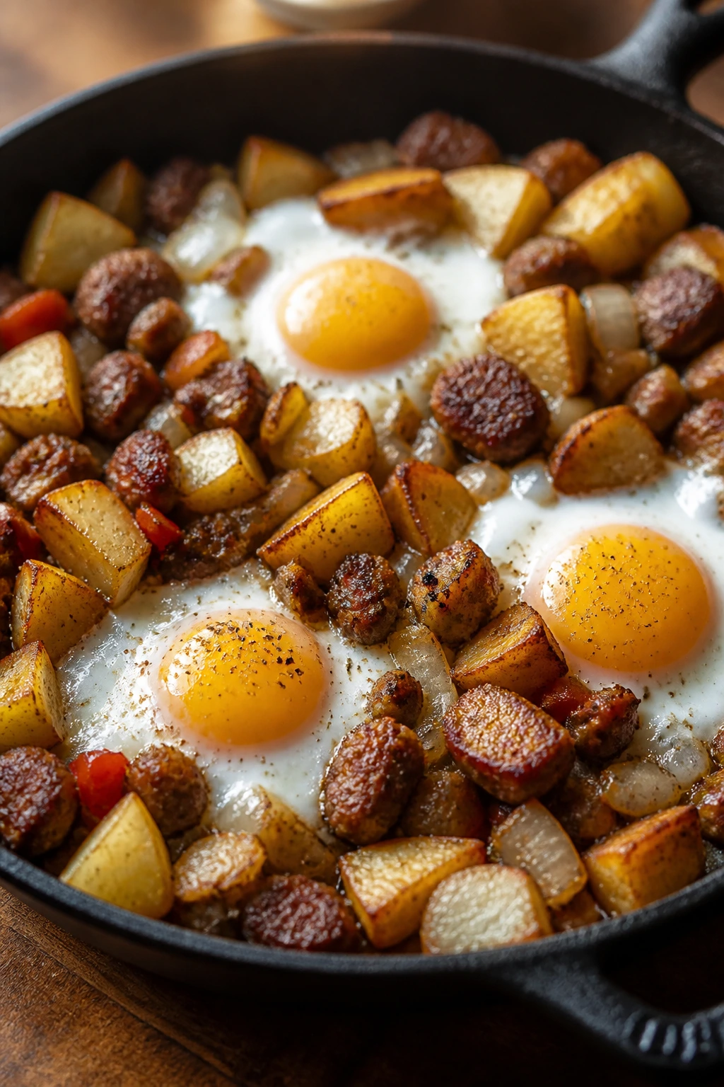 Breakfast hash with sausage, potatoes, and eggs in a skillet
